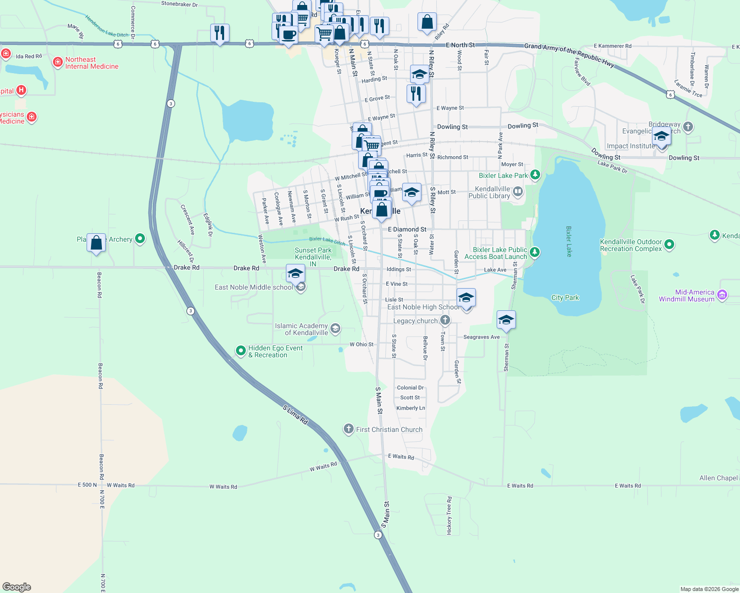 map of restaurants, bars, coffee shops, grocery stores, and more near 707 S Orchard St in Kendallville