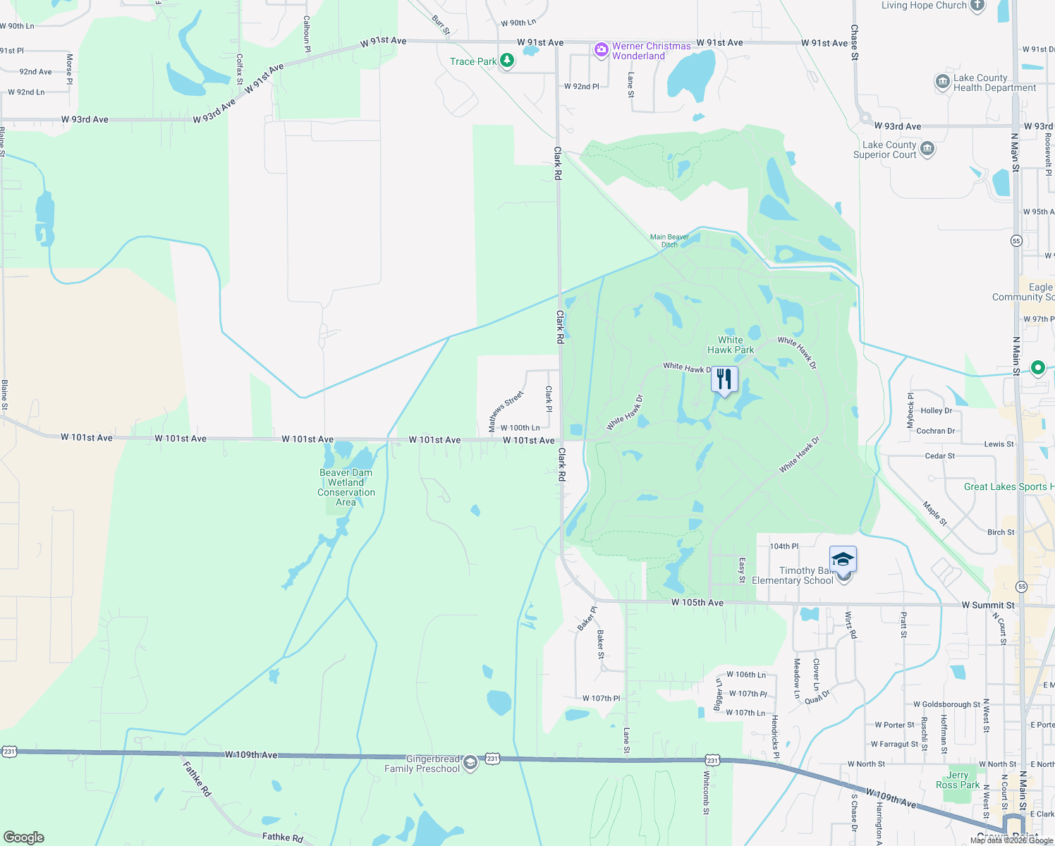 map of restaurants, bars, coffee shops, grocery stores, and more near 4970 West 100th Lane in Crown Point
