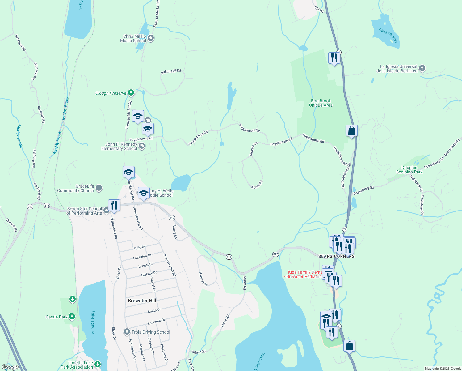 map of restaurants, bars, coffee shops, grocery stores, and more near 33 Orchard Court in Brewster