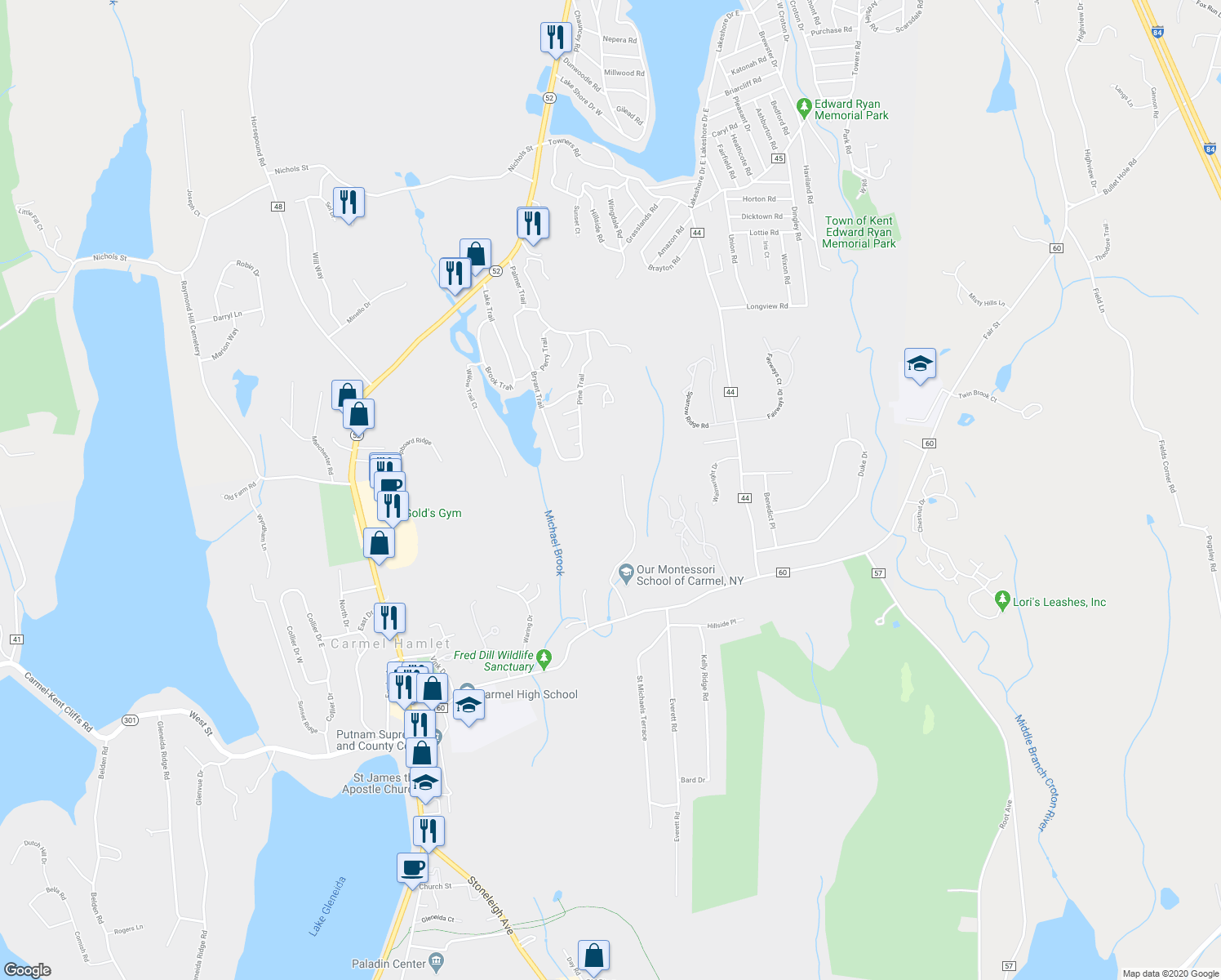 map of restaurants, bars, coffee shops, grocery stores, and more near 35 Glenna Drive in Carmel Hamlet