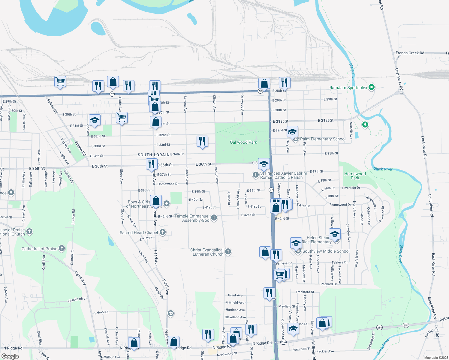 map of restaurants, bars, coffee shops, grocery stores, and more near 2019 Homewood Dr in Lorain