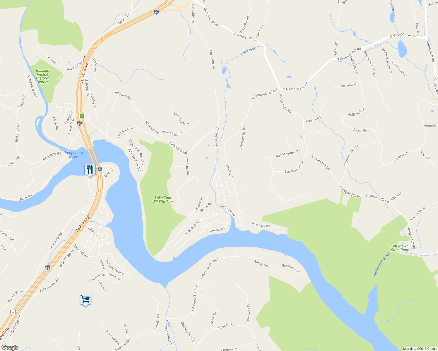 map of restaurants, bars, coffee shops, grocery stores, and more near 2 Lee Farm Drive in Southbury