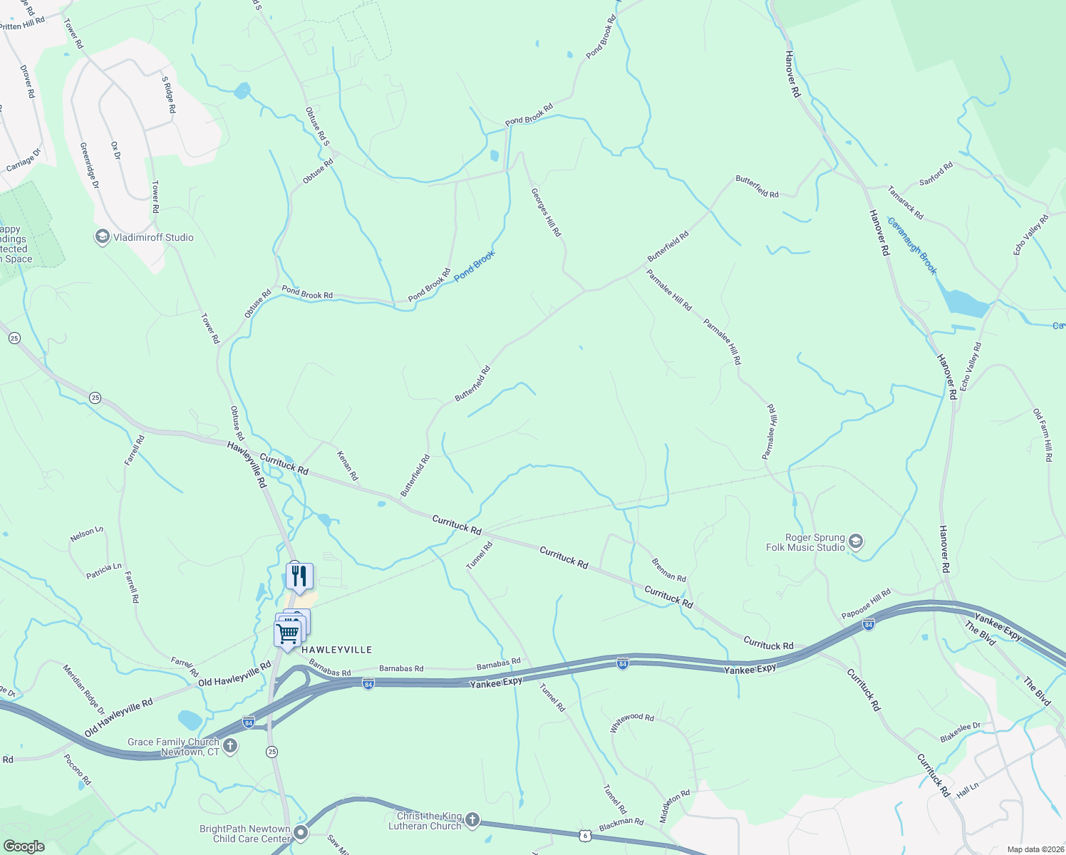 map of restaurants, bars, coffee shops, grocery stores, and more near 18 Butternut Ridge in Newtown