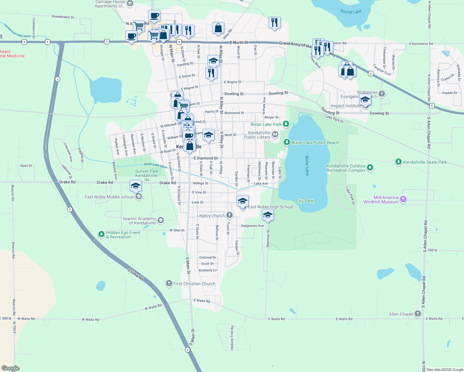 map of restaurants, bars, coffee shops, grocery stores, and more near 466 Prospect Ave in Kendallville