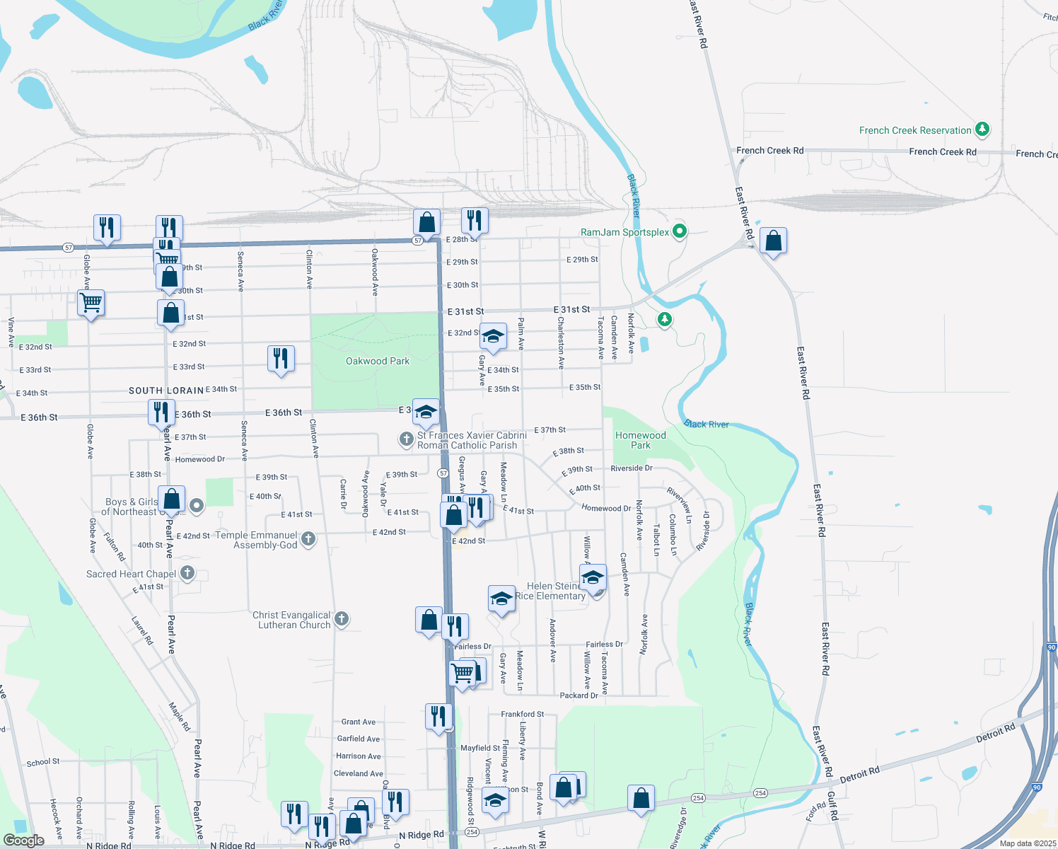 map of restaurants, bars, coffee shops, grocery stores, and more near 2417 E 37th St in Lorain