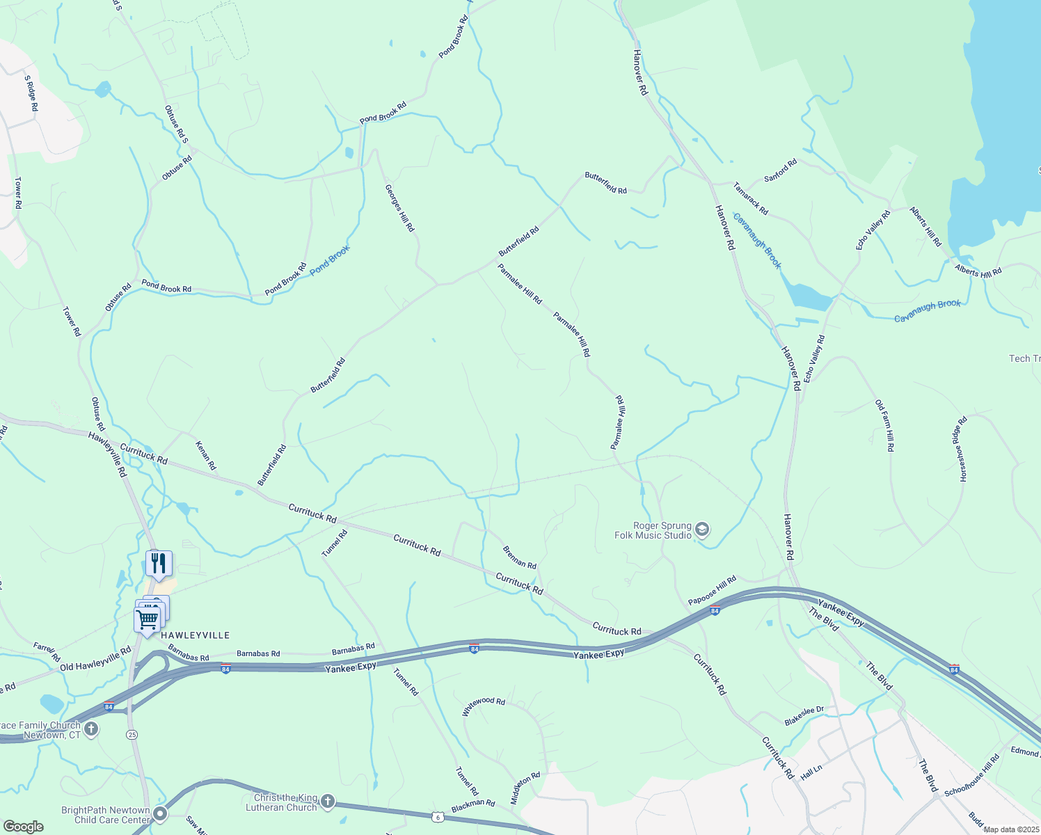 map of restaurants, bars, coffee shops, grocery stores, and more near 14 Daniels Hill Road in Newtown