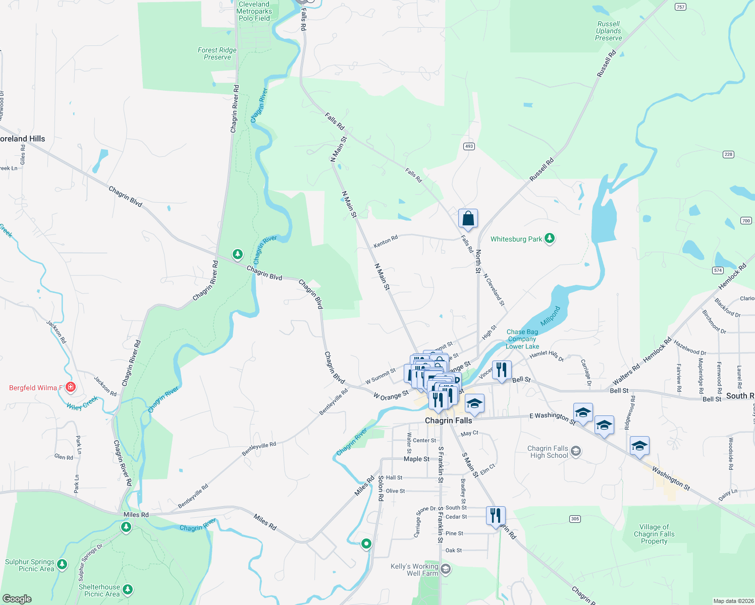 map of restaurants, bars, coffee shops, grocery stores, and more near 327 North Main Street in Chagrin Falls