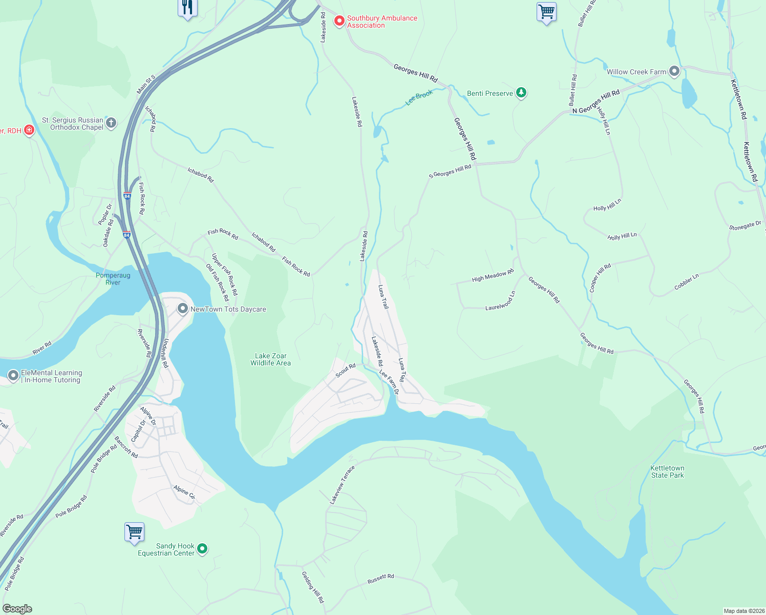 map of restaurants, bars, coffee shops, grocery stores, and more near 145 Luna Trail in Southbury
