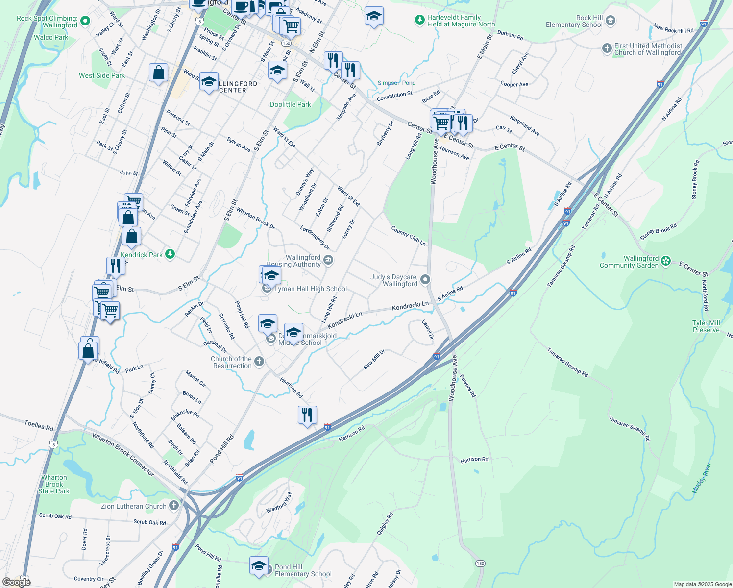 map of restaurants, bars, coffee shops, grocery stores, and more near 45 Shady Drive in Wallingford