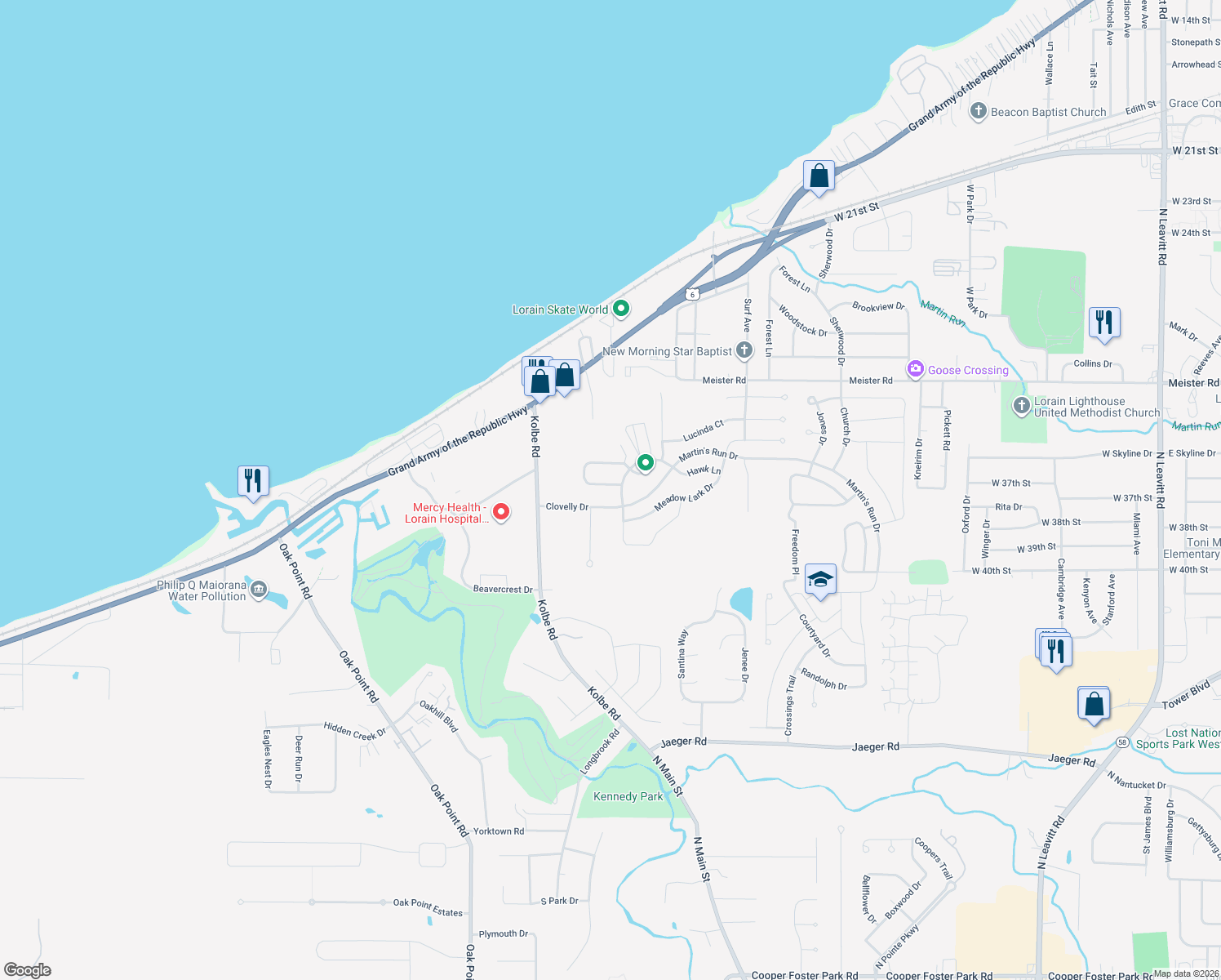 map of restaurants, bars, coffee shops, grocery stores, and more near 5292 Cardinal Court in Lorain