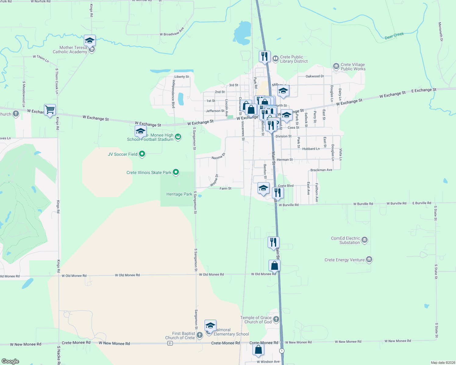 map of restaurants, bars, coffee shops, grocery stores, and more near 625 Farm Street in Crete