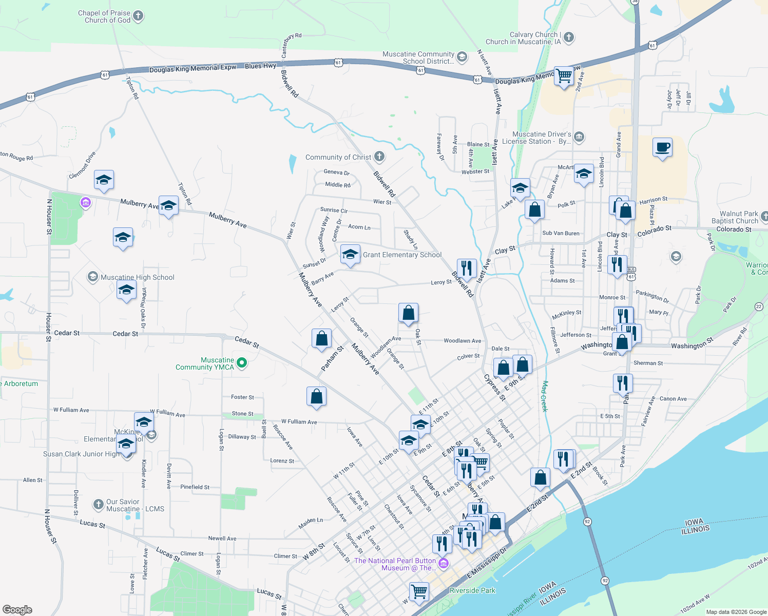 map of restaurants, bars, coffee shops, grocery stores, and more near 804 Marquette St in Muscatine