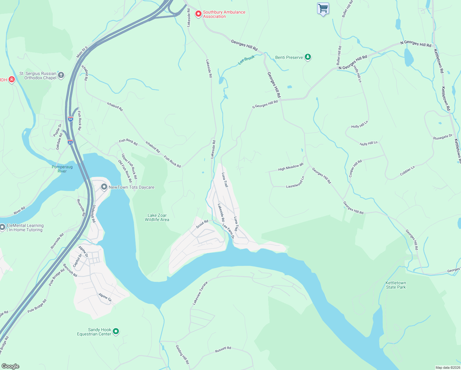 map of restaurants, bars, coffee shops, grocery stores, and more near 144 Luna Trail in Southbury