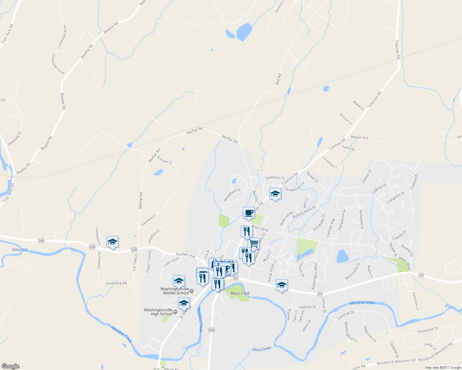 map of restaurants, bars, coffee shops, grocery stores, and more near 30 Waterford Circle in Washingtonville