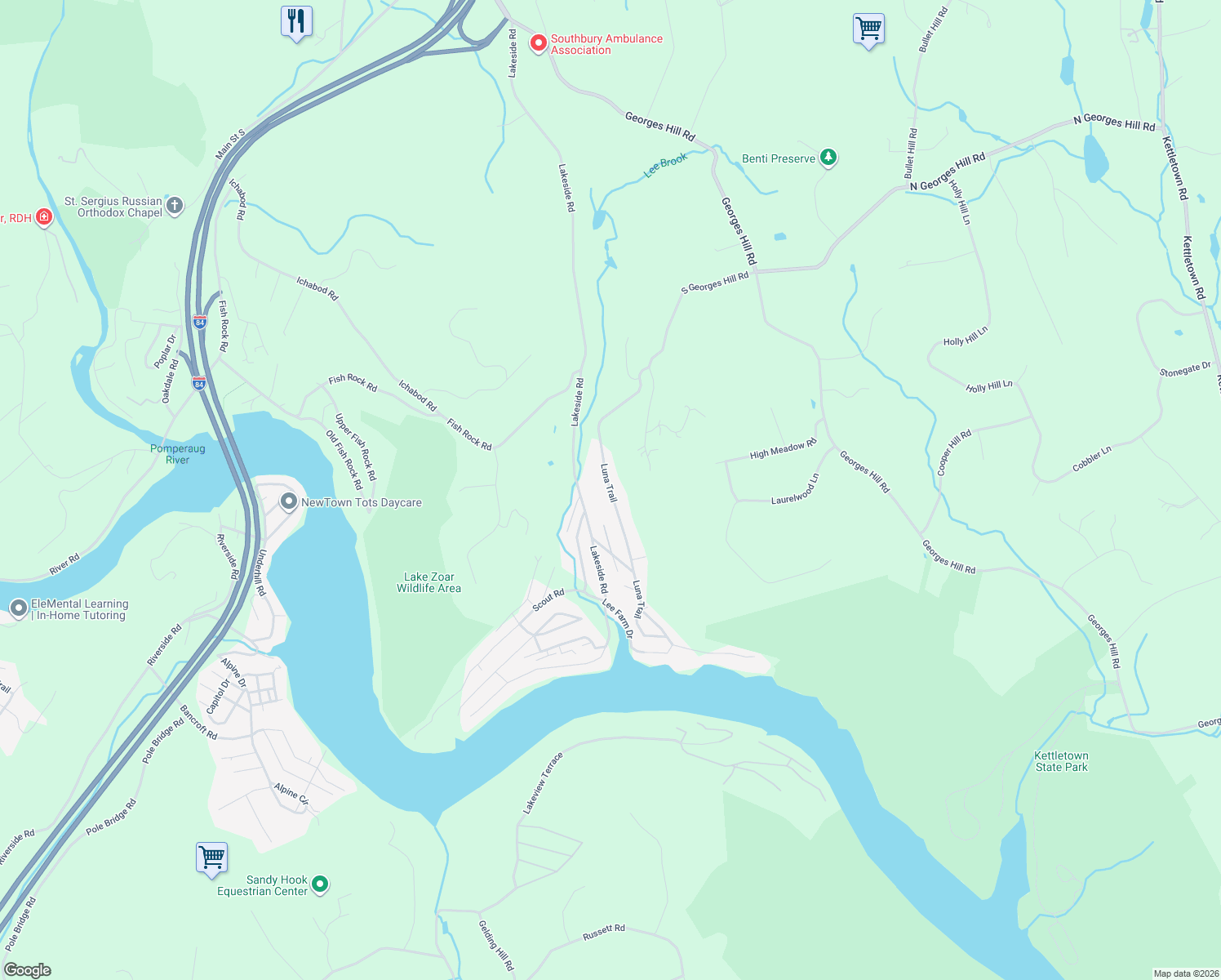 map of restaurants, bars, coffee shops, grocery stores, and more near 199 Luna Trail in Southbury