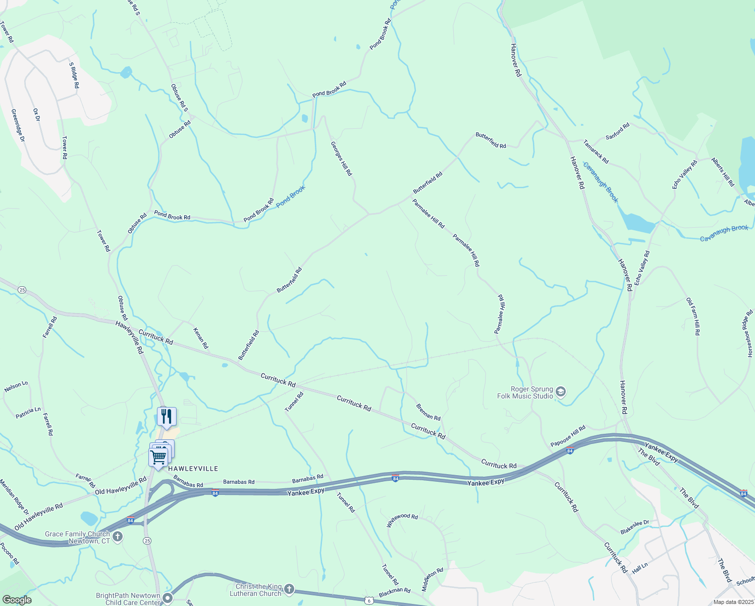 map of restaurants, bars, coffee shops, grocery stores, and more near 19 Georges Hill Road in Newtown