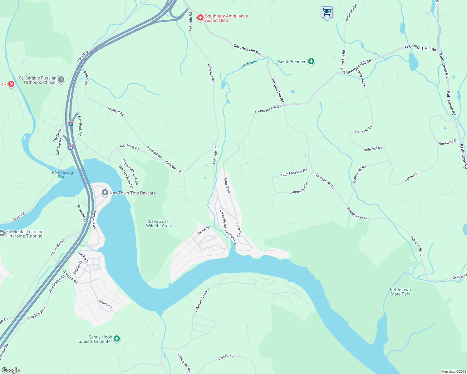 map of restaurants, bars, coffee shops, grocery stores, and more near 144 Luna Trail in Southbury