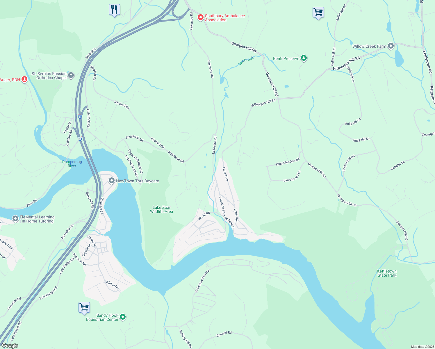 map of restaurants, bars, coffee shops, grocery stores, and more near 145 Luna Trail in Southbury
