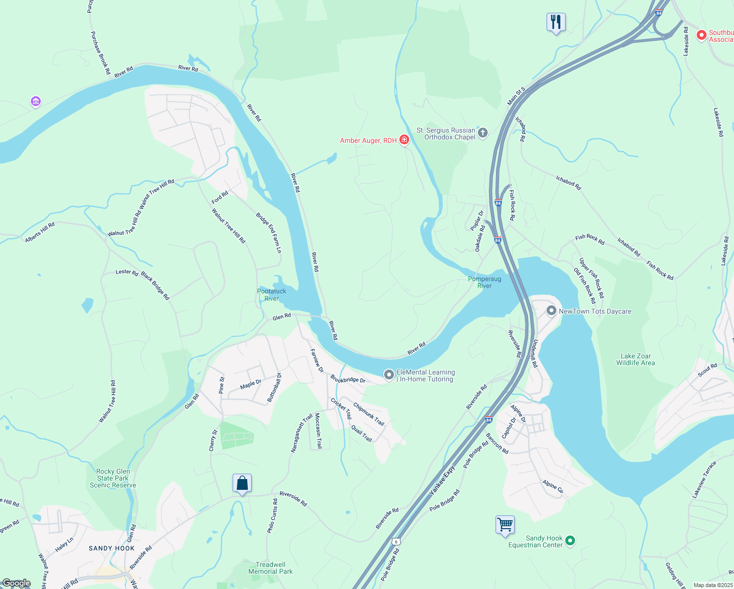 map of restaurants, bars, coffee shops, grocery stores, and more near 140 Chain Trail in Southbury
