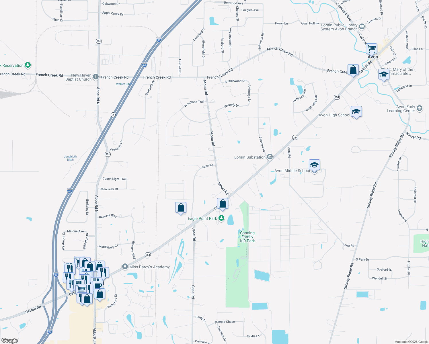 map of restaurants, bars, coffee shops, grocery stores, and more near 3380 Moon Rd in Avon