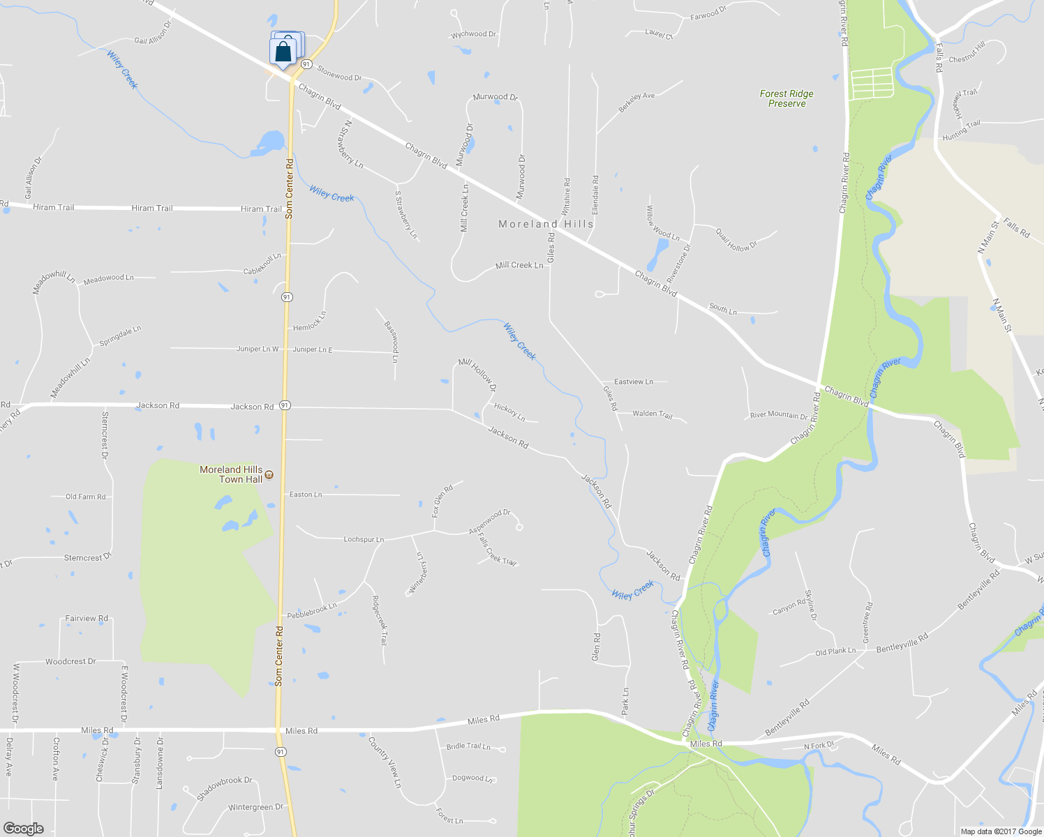 map of restaurants, bars, coffee shops, grocery stores, and more near 155 Hickory Lane in Moreland Hills