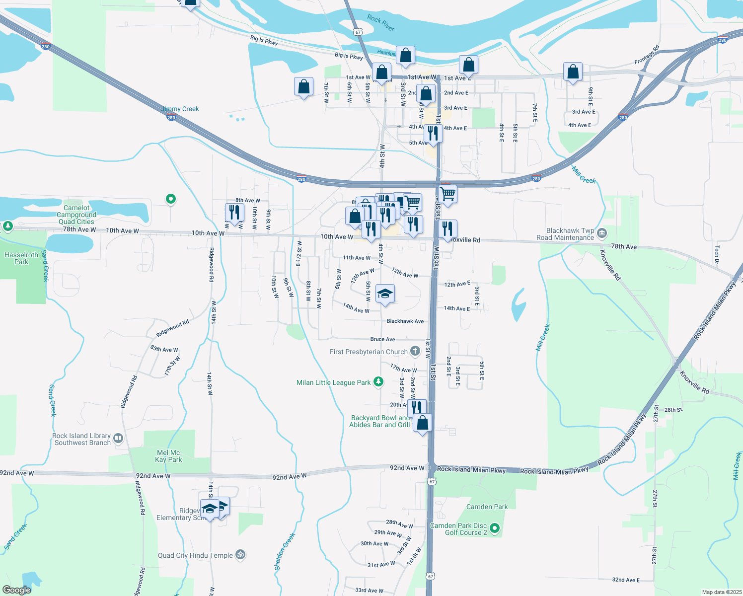 map of restaurants, bars, coffee shops, grocery stores, and more near 1303 5th Street West in Milan