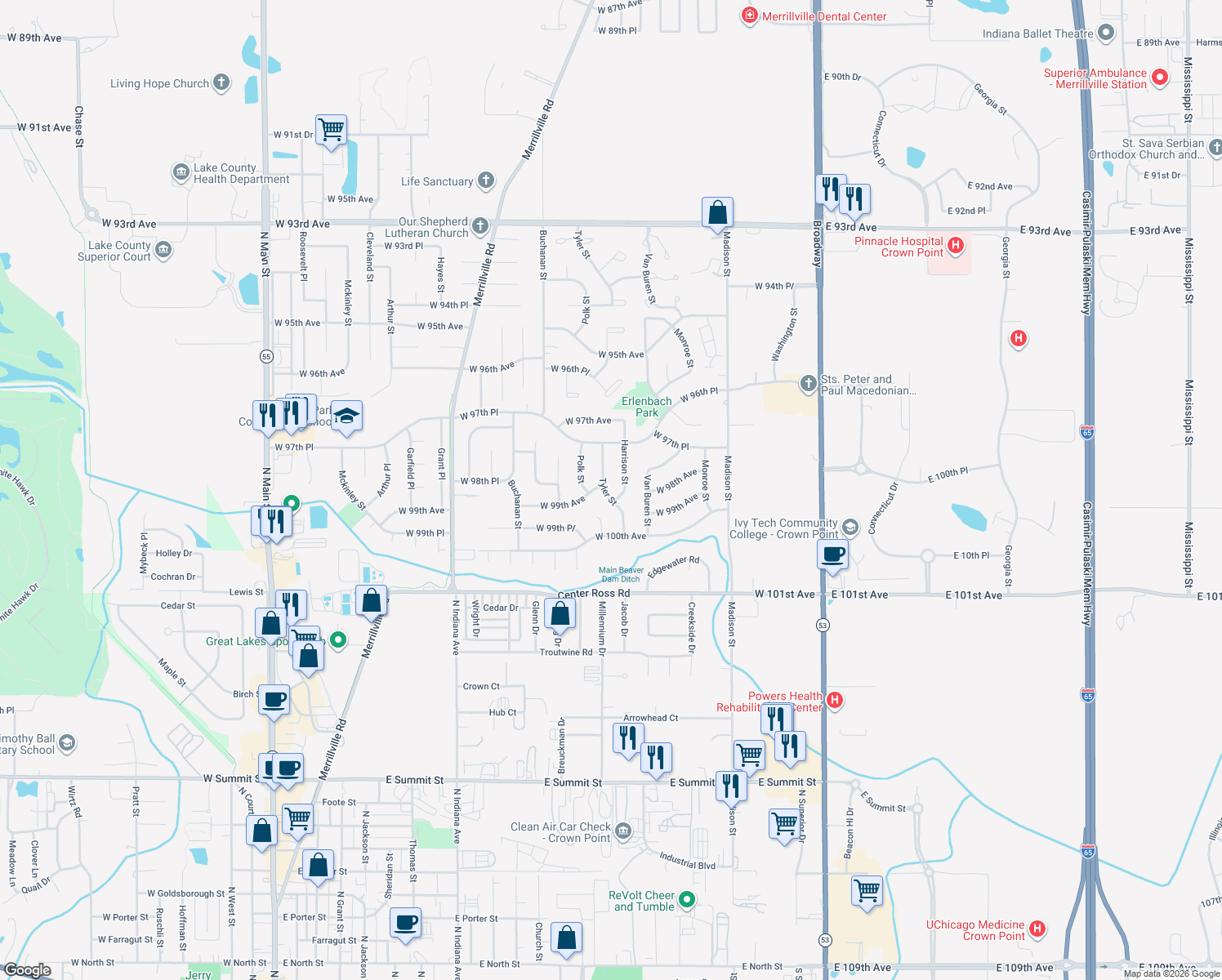 map of restaurants, bars, coffee shops, grocery stores, and more near 9905 Tyler St in Crown Point