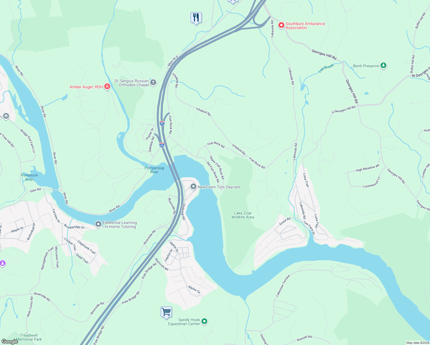 map of restaurants, bars, coffee shops, grocery stores, and more near 96 Old Fish Rock Road in Southbury