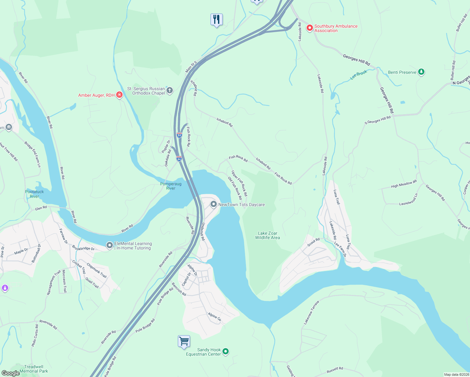 map of restaurants, bars, coffee shops, grocery stores, and more near 96 Old Fish Rock Road in Southbury