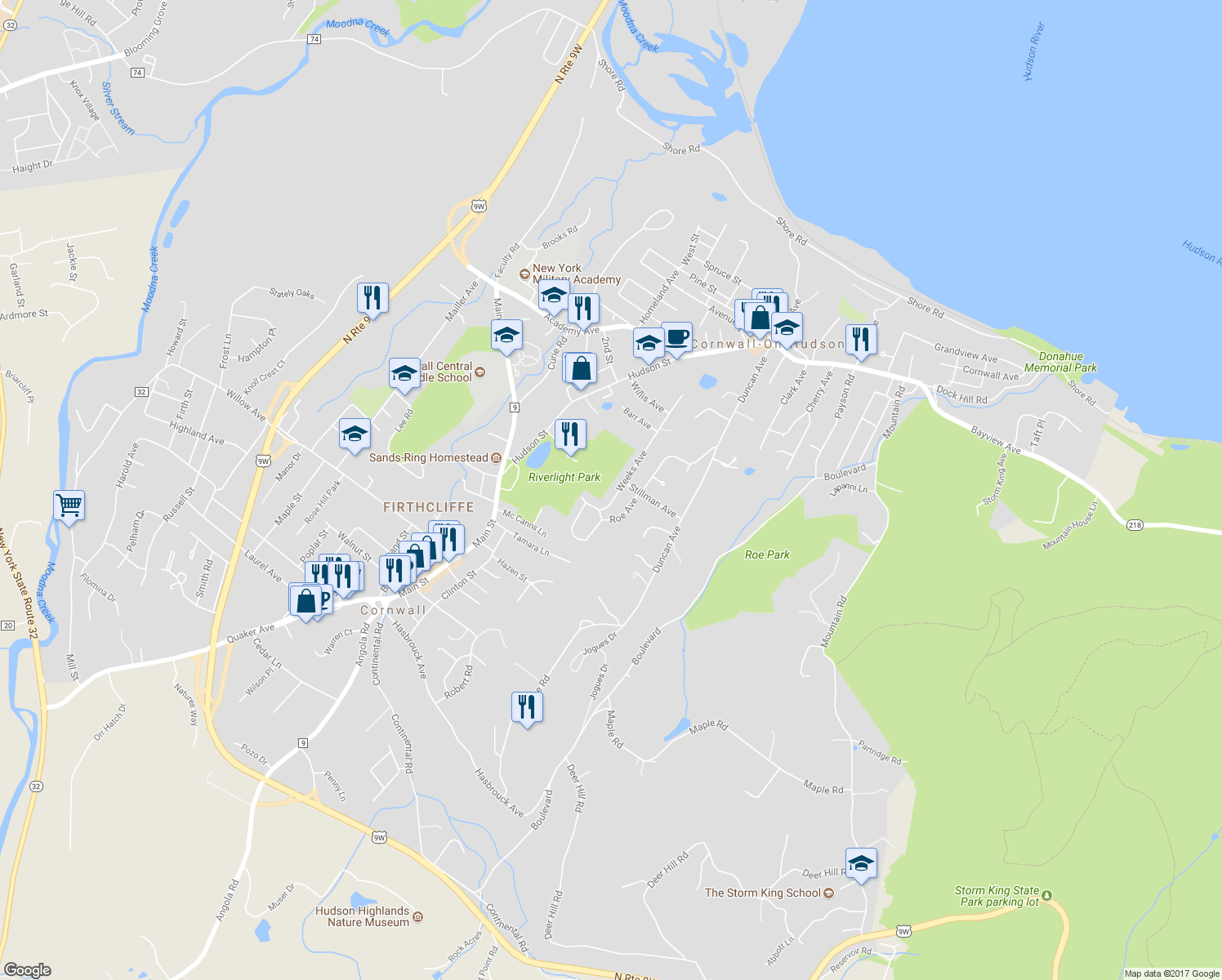 map of restaurants, bars, coffee shops, grocery stores, and more near 104 Weeks Avenue in Cornwall-on-Hudson