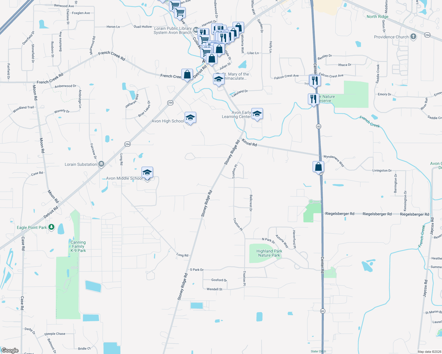 map of restaurants, bars, coffee shops, grocery stores, and more near 3443 Stoney Ridge Rd in Avon
