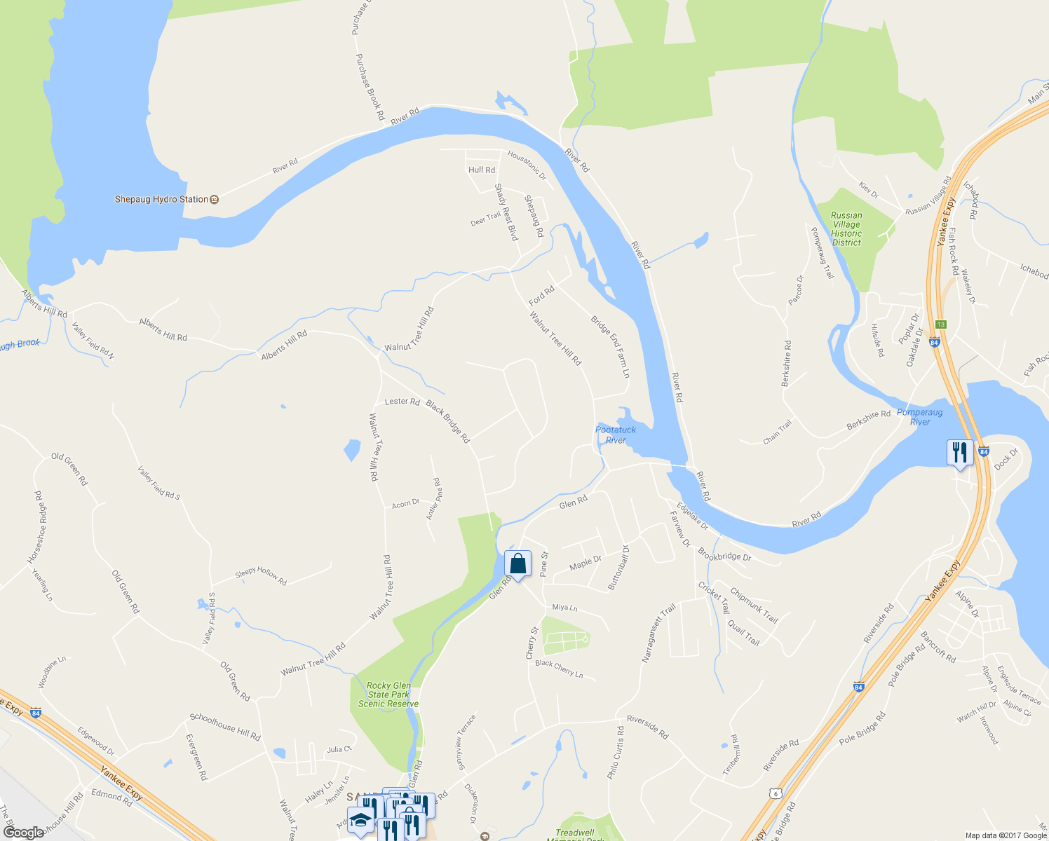 map of restaurants, bars, coffee shops, grocery stores, and more near 23 Farm Field Ridge Road in Newtown