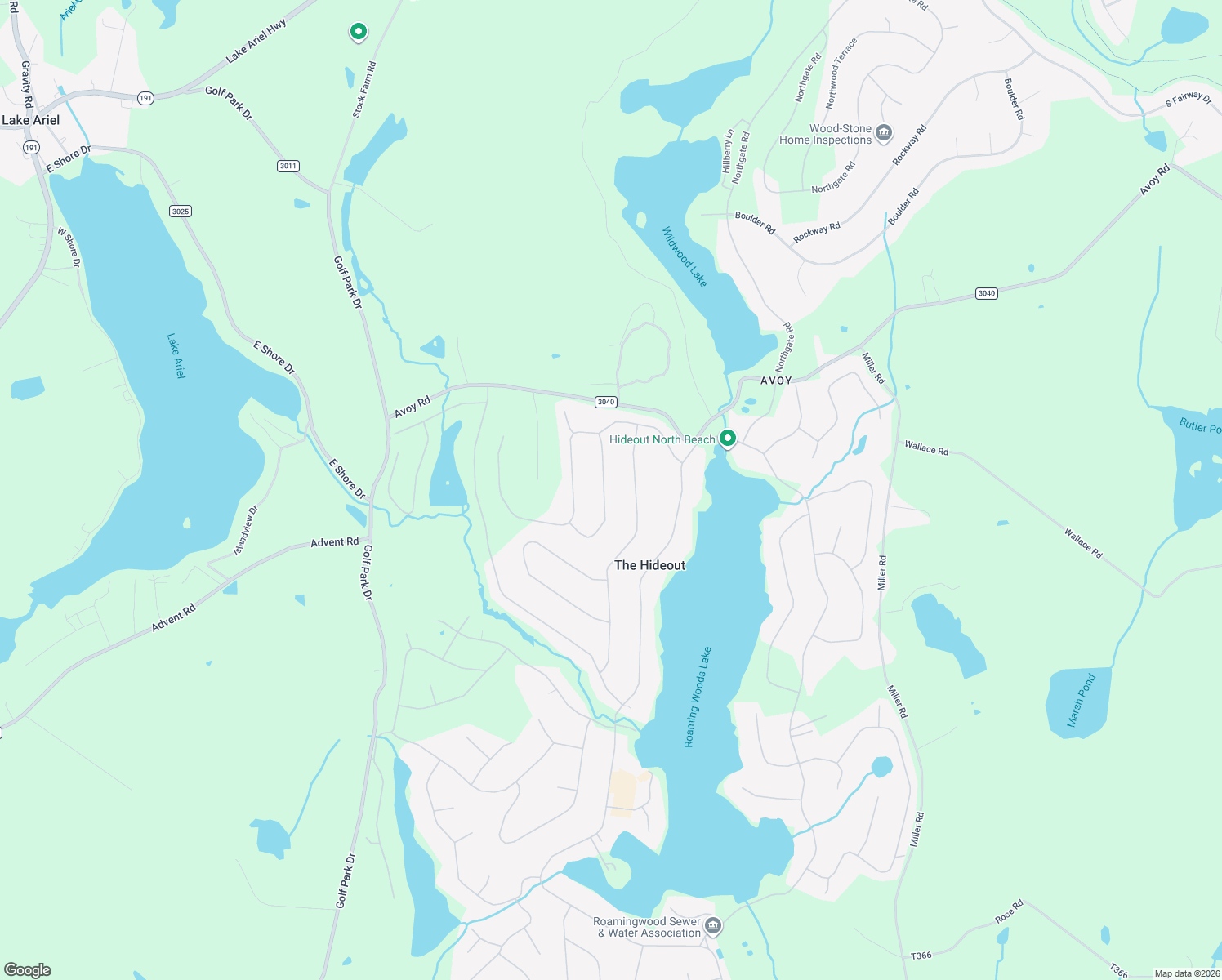 map of restaurants, bars, coffee shops, grocery stores, and more near 1471 Woodcrest Lane in Lake Ariel