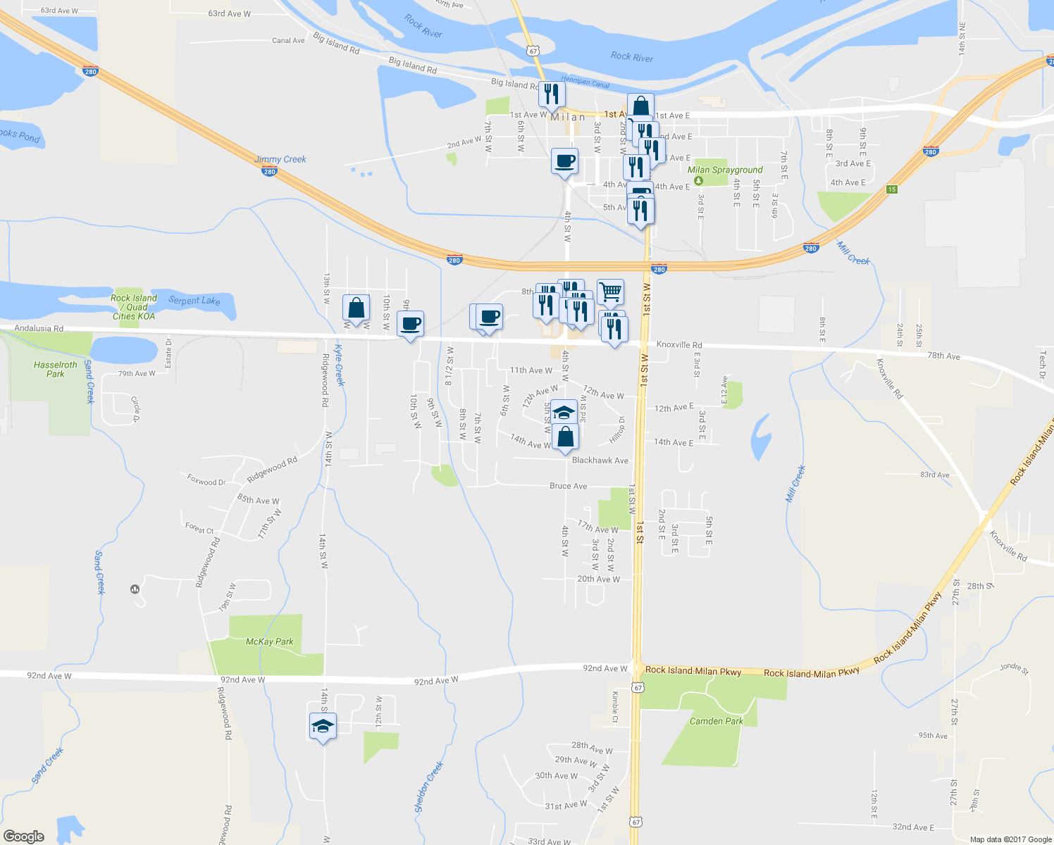 map of restaurants, bars, coffee shops, grocery stores, and more near 518 13th Avenue West in Milan