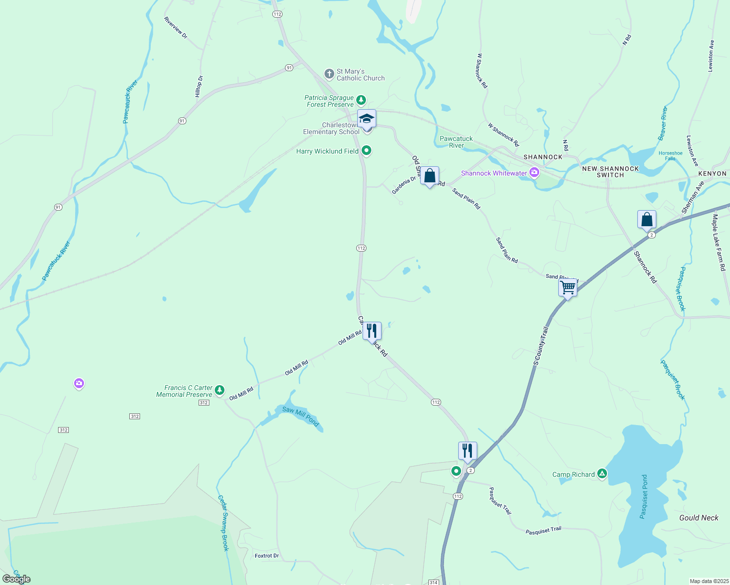 map of restaurants, bars, coffee shops, grocery stores, and more near 221 Carolina Back Road in Charlestown