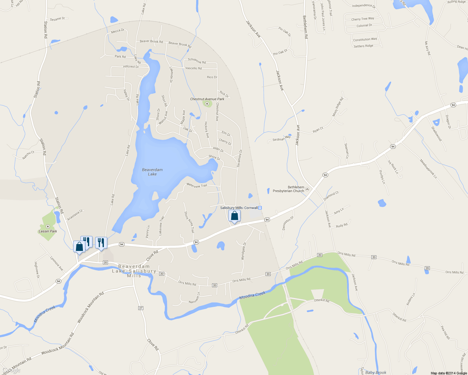 map of restaurants, bars, coffee shops, grocery stores, and more near 141 Sycamore Drive in New Windsor