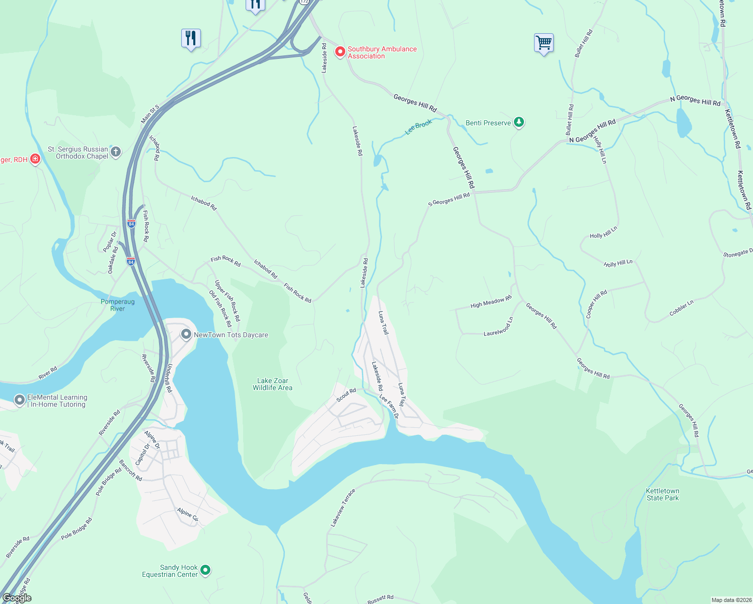 map of restaurants, bars, coffee shops, grocery stores, and more near 207 Luna Trail in Southbury