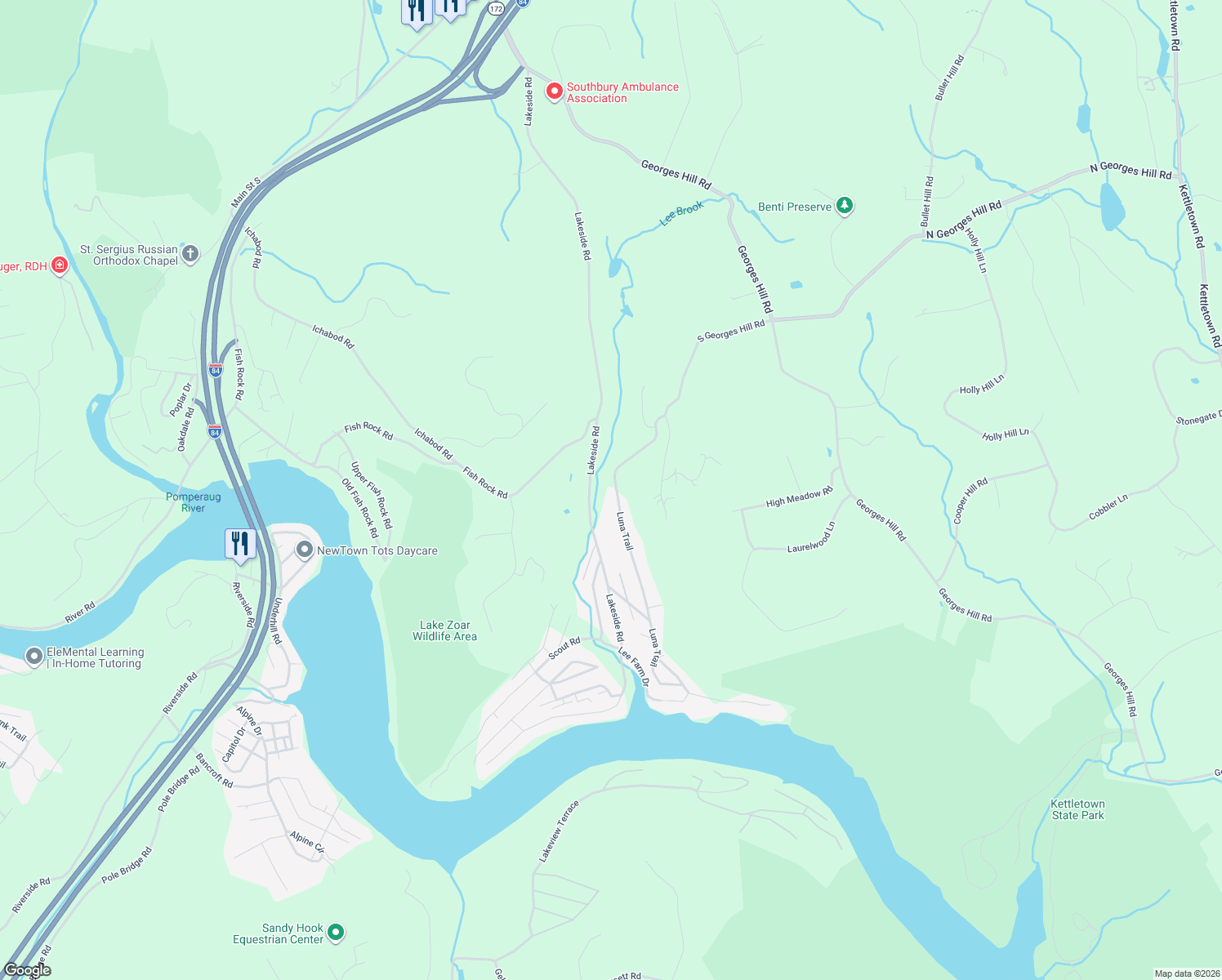 map of restaurants, bars, coffee shops, grocery stores, and more near 215 Luna Trail in Southbury