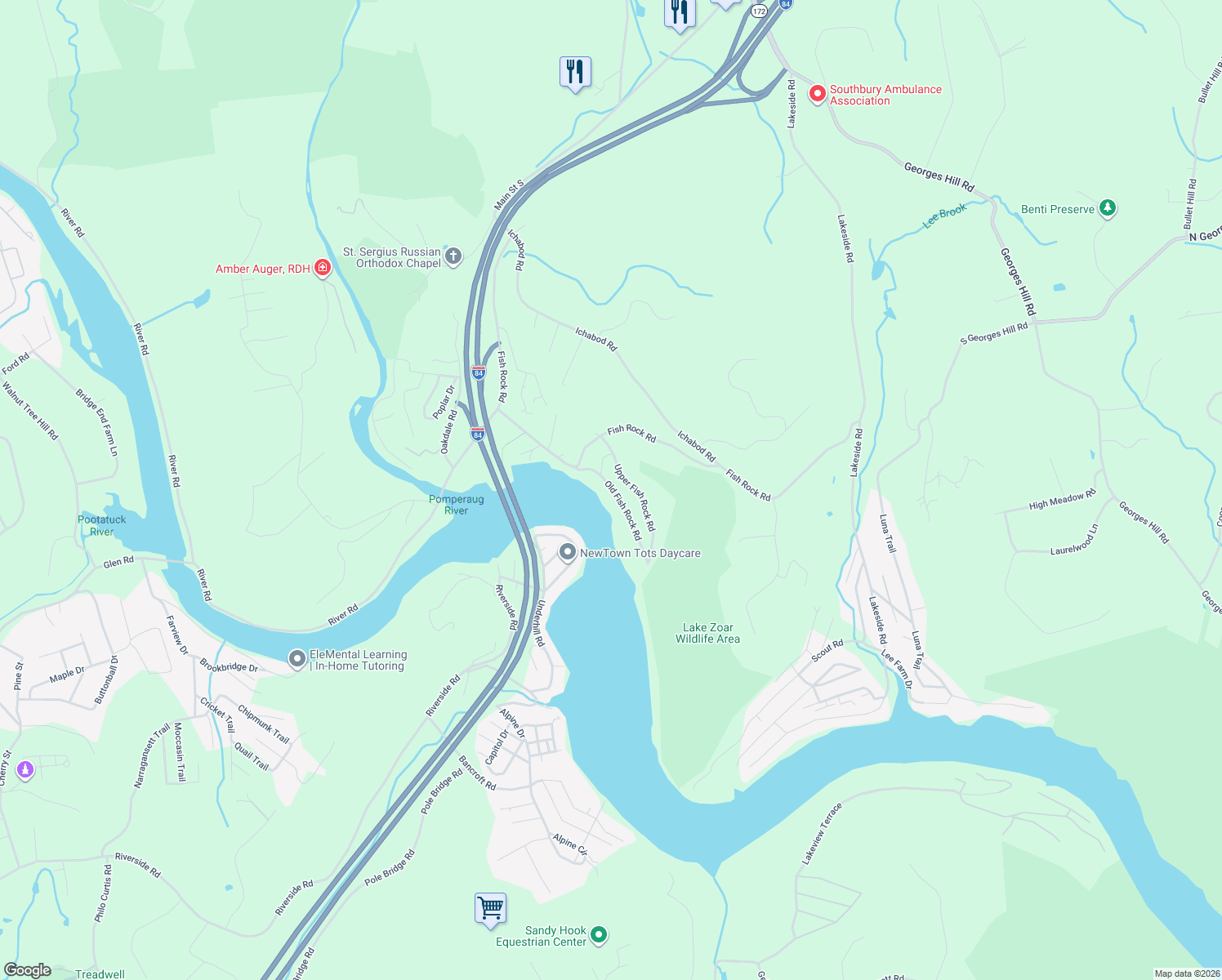 map of restaurants, bars, coffee shops, grocery stores, and more near 62 Old Fish Rock Road in Southbury