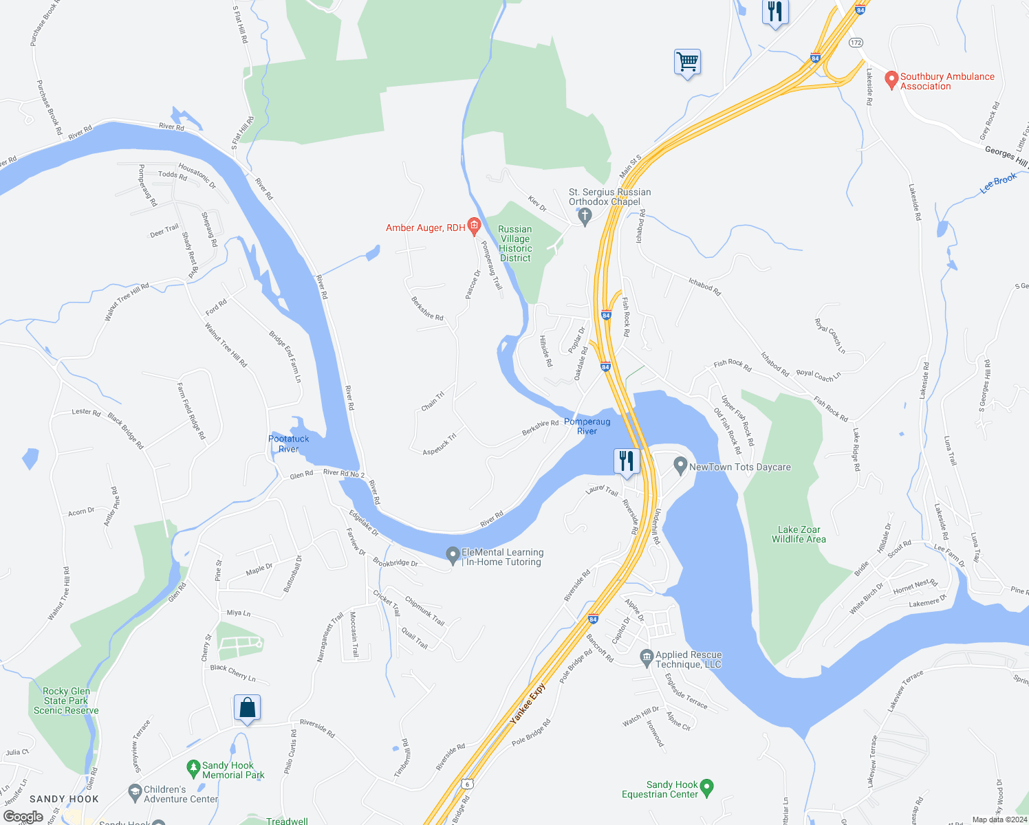 map of restaurants, bars, coffee shops, grocery stores, and more near 50 Berkshire Road in Southbury