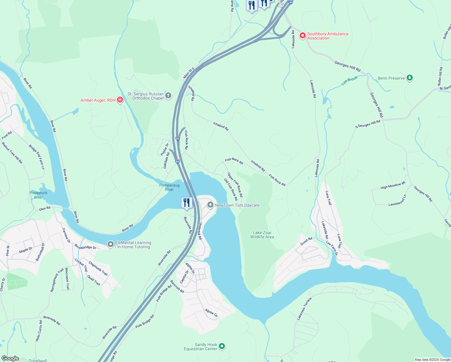 map of restaurants, bars, coffee shops, grocery stores, and more near 56 Old Fish Rock Road in Southbury