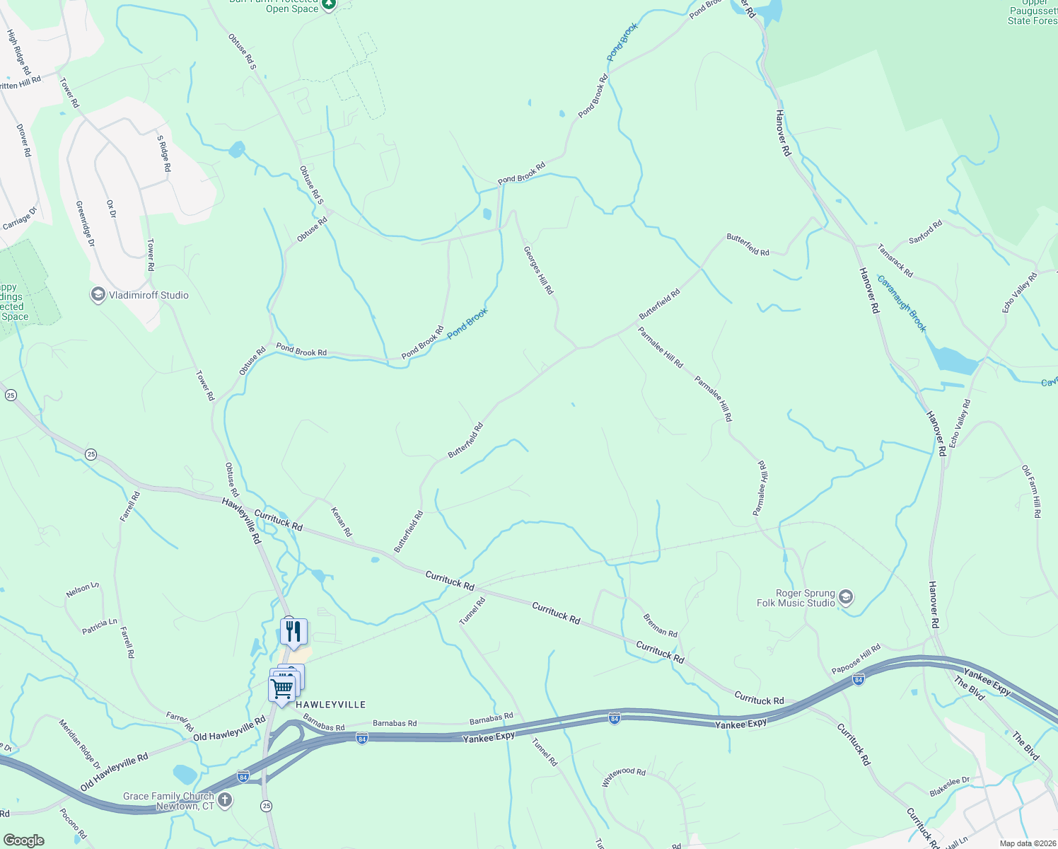 map of restaurants, bars, coffee shops, grocery stores, and more near 26 Butterfield Road in Newtown