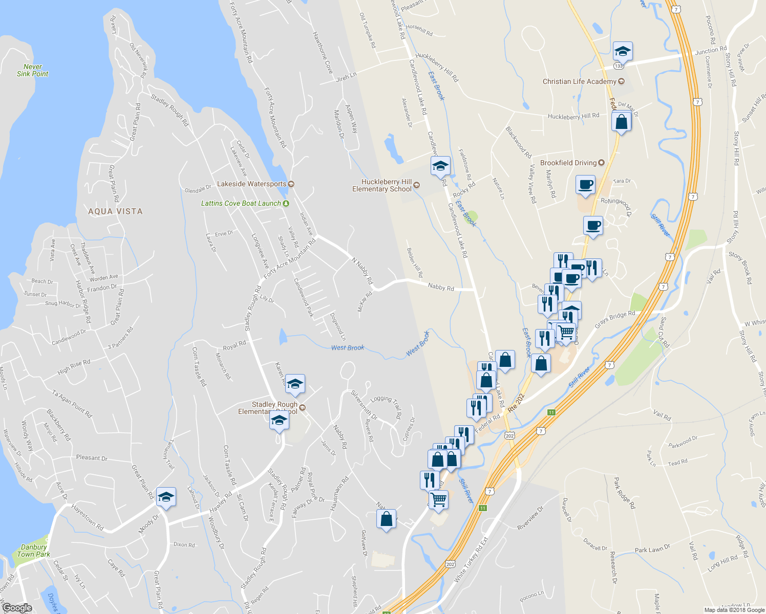 map of restaurants, bars, coffee shops, grocery stores, and more near 45 North Nabby Road in Danbury