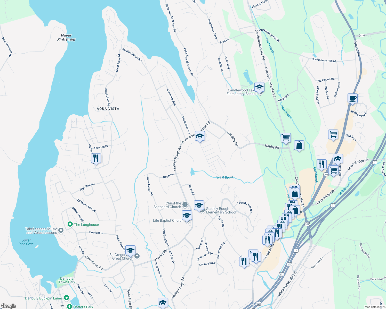 map of restaurants, bars, coffee shops, grocery stores, and more near 8 Lily Drive in Danbury