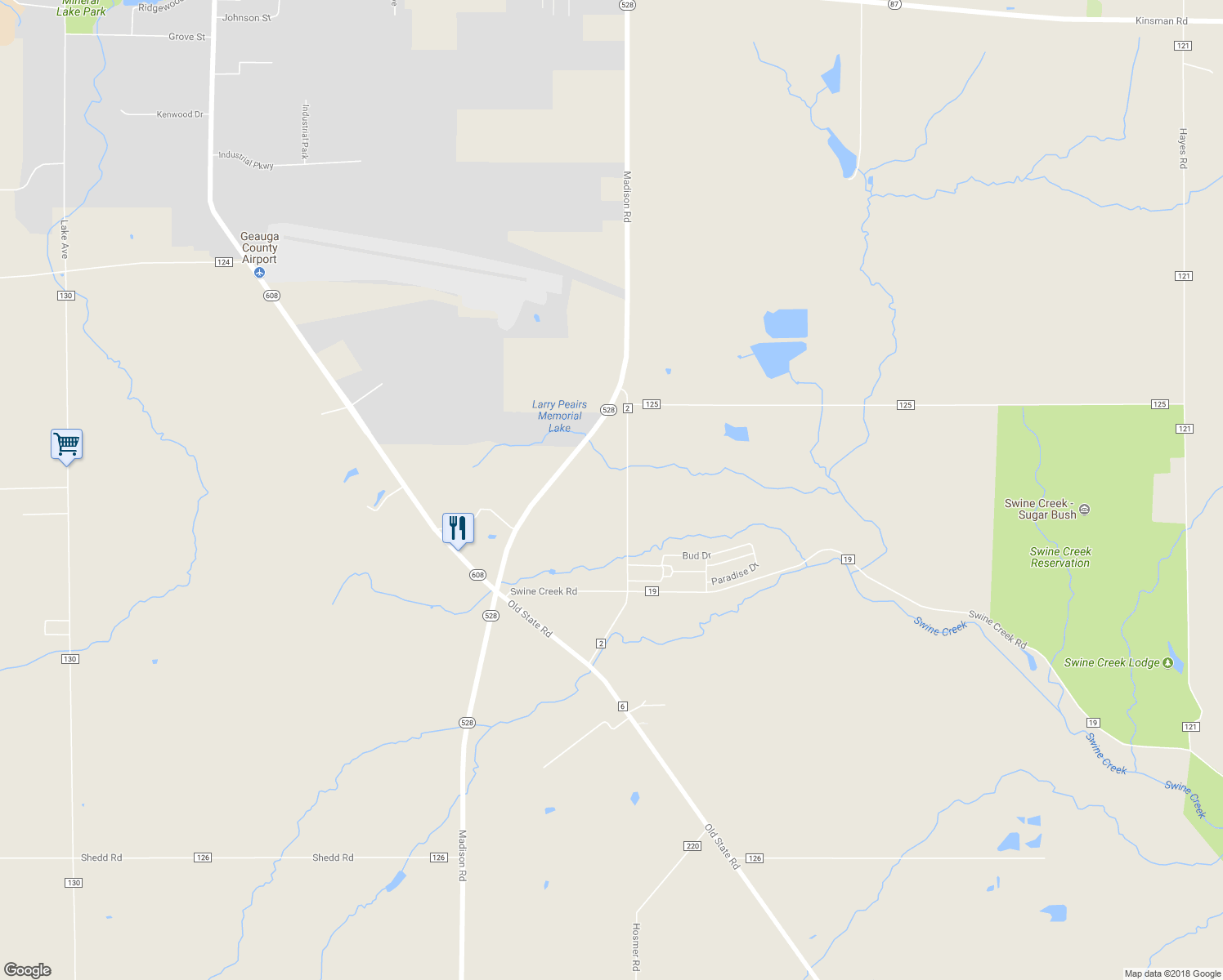 map of restaurants, bars, coffee shops, grocery stores, and more near 15764 Adams Road in Middlefield
