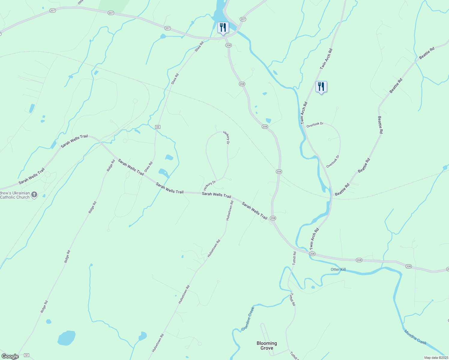map of restaurants, bars, coffee shops, grocery stores, and more near 2 Oak Lane in Campbell Hall
