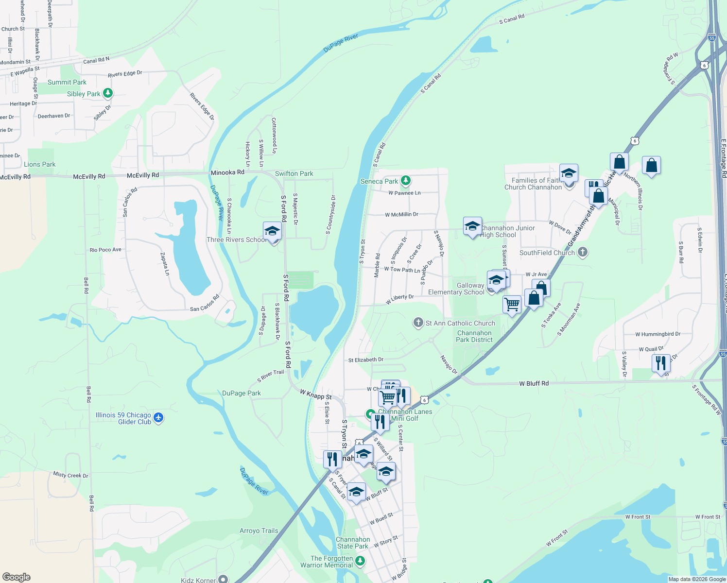 map of restaurants, bars, coffee shops, grocery stores, and more near 24331 South Tryon Street in Channahon