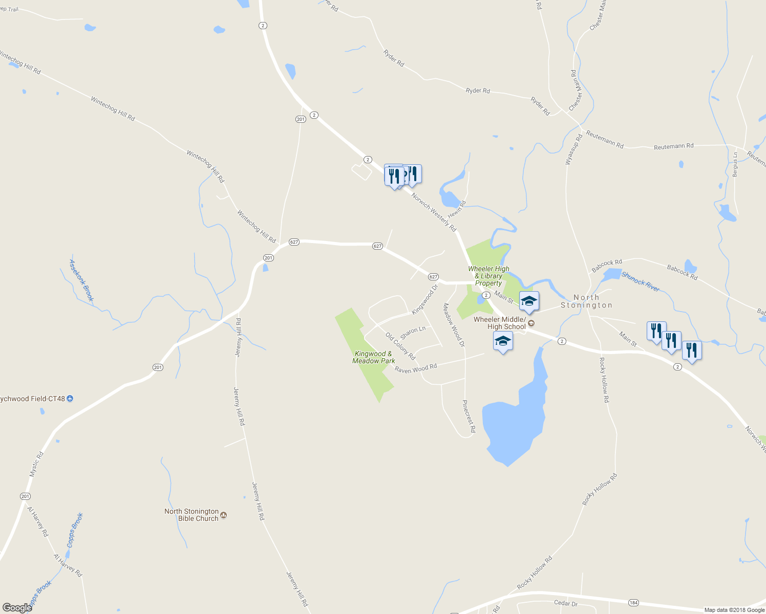 map of restaurants, bars, coffee shops, grocery stores, and more near 8 Old Colony Road in North Stonington