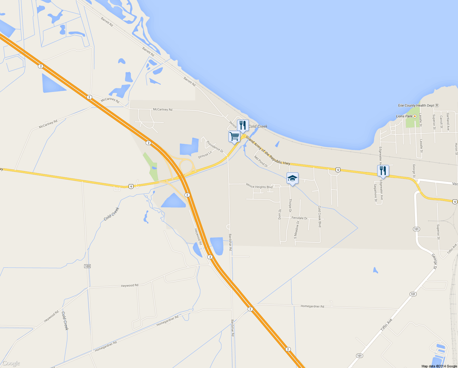 map of restaurants, bars, coffee shops, grocery stores, and more near 4501 Venice Heights Blvd in Sandusky