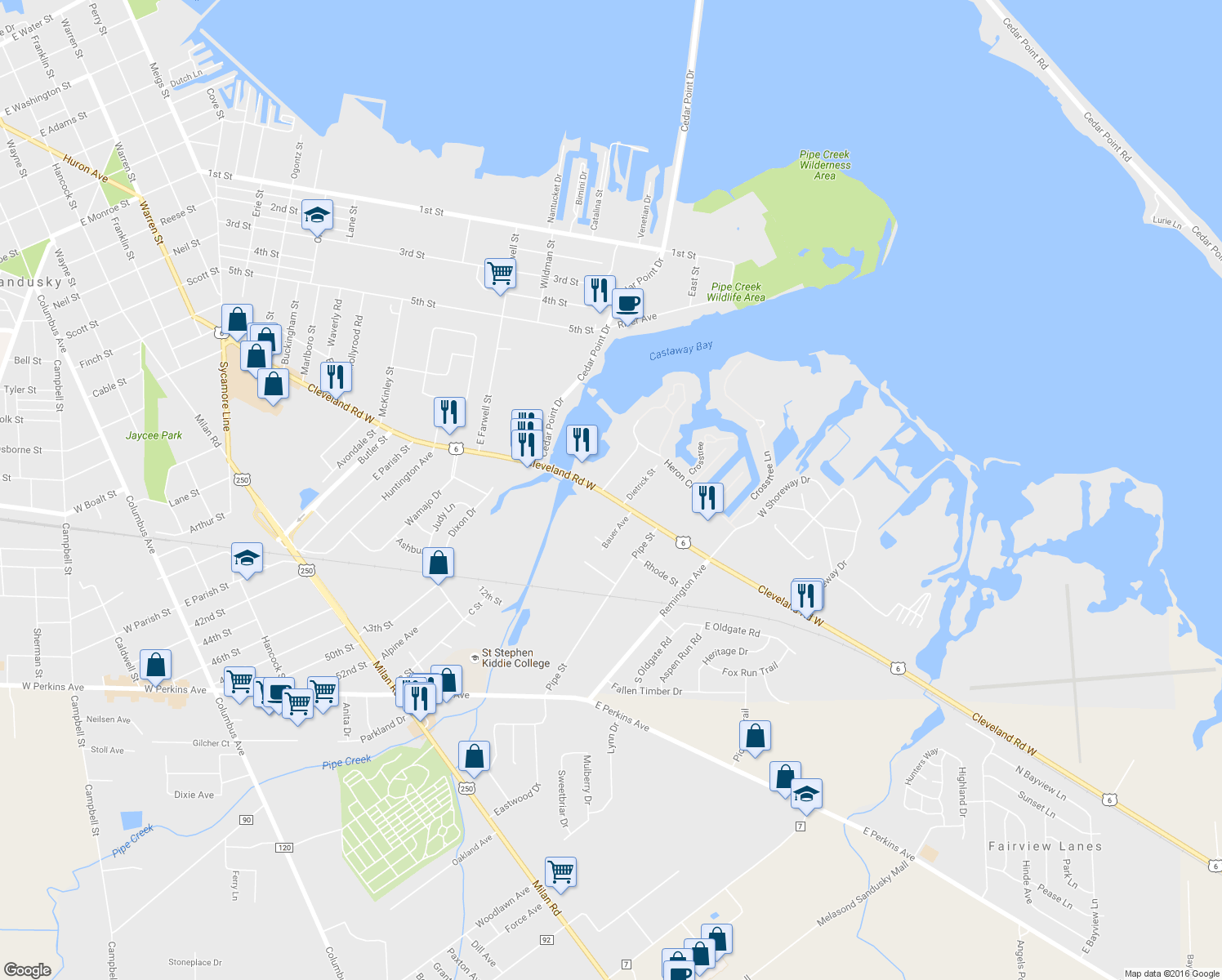 map of restaurants, bars, coffee shops, grocery stores, and more near 2027 Cleveland Road West in Sandusky